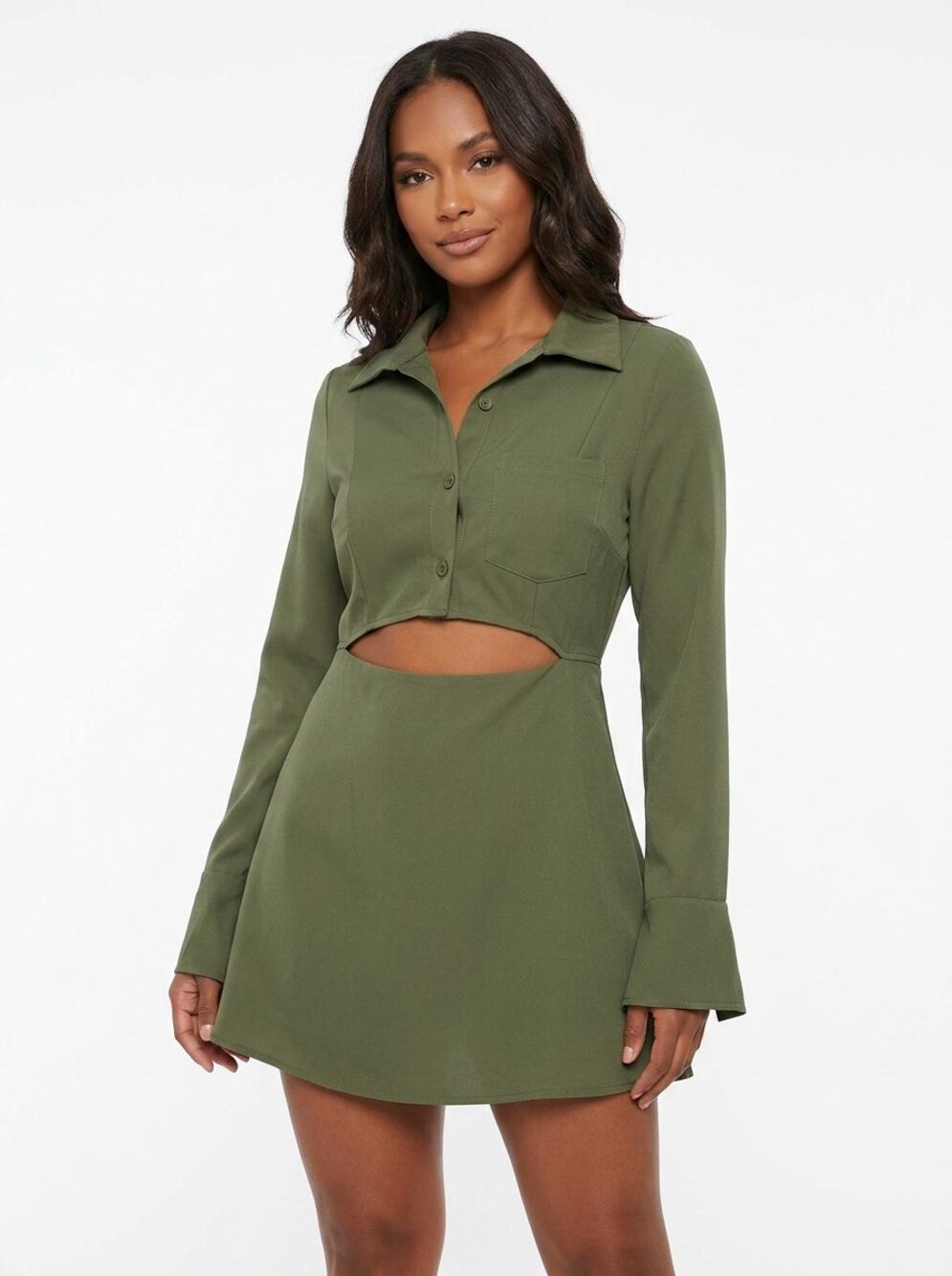 PrettyLittleThing Olive Green Cutout Collared Mini Dress Women Size 2